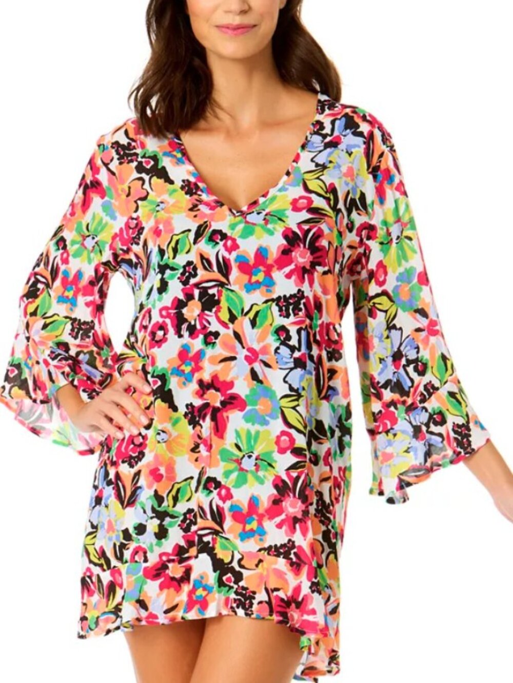 NEW Anne Cole Floral Popover Cover Up Top Tunic Flounce Boho Beach SZ L/XL